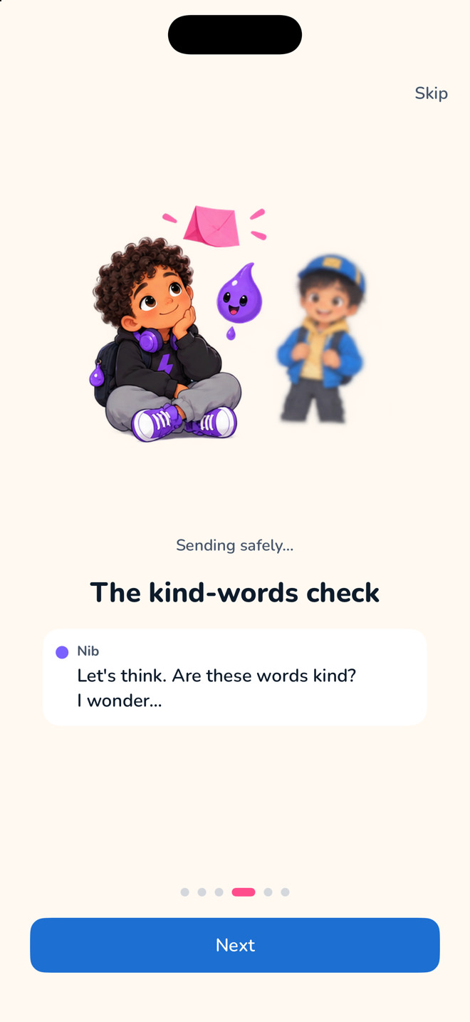 PassTheNoteKids onboarding screen showing the kind-words check before a note is sent.