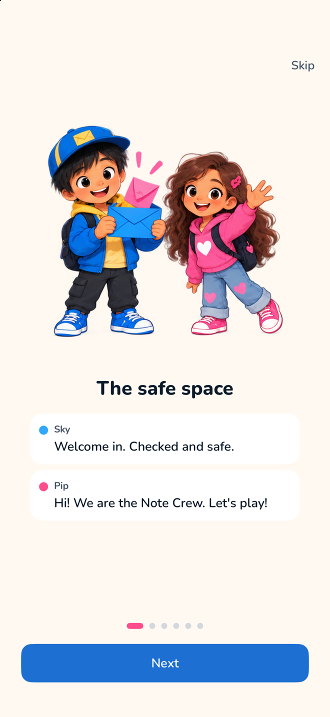 PassTheNoteKids onboarding screen welcoming kids to a checked, parent-guided space with Sky and Pip.